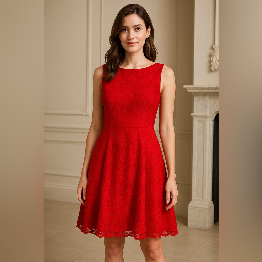FRENCH CONNECTION Red Lace Fit & Flare Sleeveless Dress Women’s Size 8